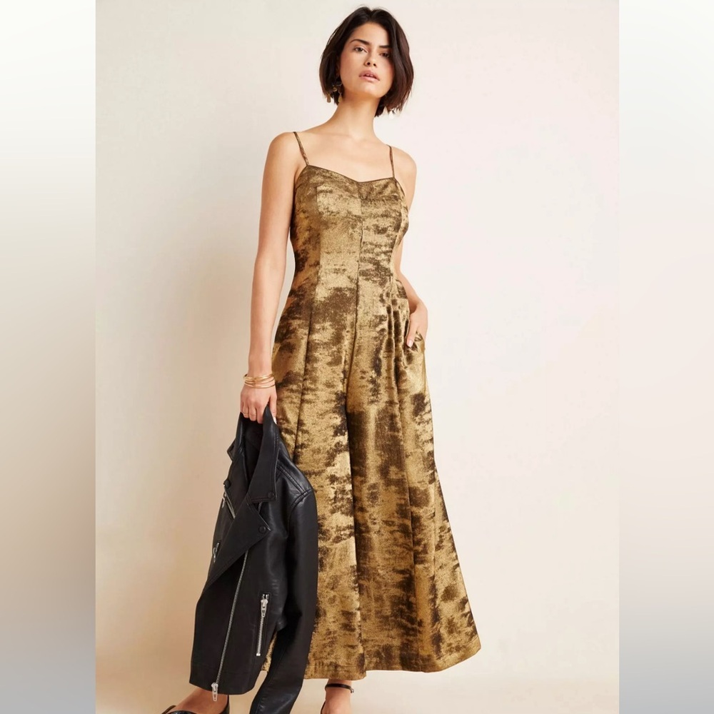 Anthropologie Erika Metallic Satin Wide Leg Jumpsuit